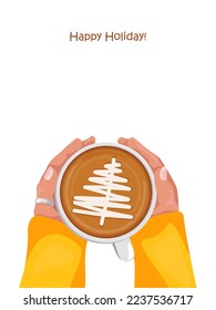 Woman hands holding coffee cup with latte art. Cappuccino crema with Christmas tree shape. Top view. Flat cartoon vector illustration. New year concept. Happy holidays. Isolated.