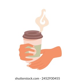 Woman hands holding coffee. Hot drink for breakfast, break, meeting in plastic glass. Cartoon vector illustration isolated on white background.