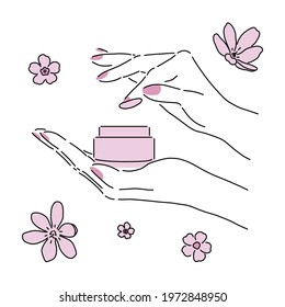 Woman hands holding cream container with pink flowers on background. Cream applying. Aesthetic line art. Poster, background or icon