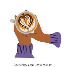 Woman hands holding cup with coffee top view.