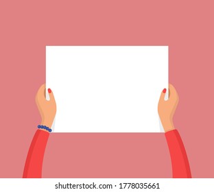 Woman hands holding empty blank white placard. Protest or advertisement concept. Flat vector illustration