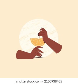 Woman hands holding fresh lemonade. Vector illustration of lemonade for fresh bar, juice bar. Summer time. Refreshing cocktail, lemonade.	
