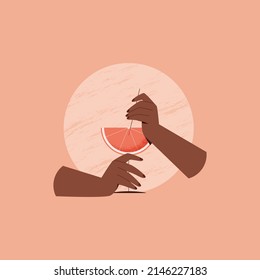 Woman hands holding fresh orange juice. Vector illustration of summer juice for fresh bar. Juice bar.