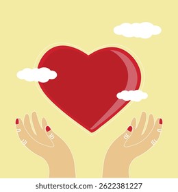 woman hands holding heart on light background with clouds, hands, heart, love, sky, clouds, feelings, peace, people, society, flyer, postcard, poster