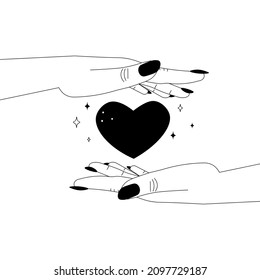 woman hands holding heart in palms, self love concept in linear style, sticker for valentine or tattoo, made with love logo, donation theme on white background
