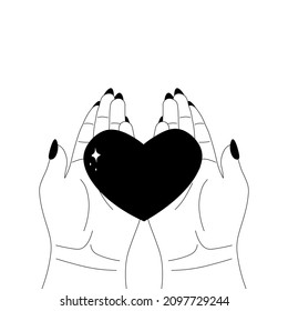 woman hands holding heart in palms, self love concept in linear style, sticker for valentine or tattoo, made with love logo, donation theme