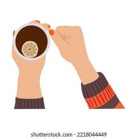 Woman Hands Holding Hot Drink Or Beverage. Top View. Pouring Tea With Lemon Slice. Flat Vector Cartoon Realistic Illustration Isolated.