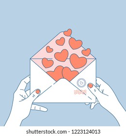 Manos de mujer sosteniendo una carta de amor. Sobre del día de San Valentín con corazones dentro. Tarjeta de felicitación del día de San Valentín. Ilustración del vector