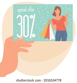 Woman Hands Holding A Loyalty Club Customer Discount Shopping Card.