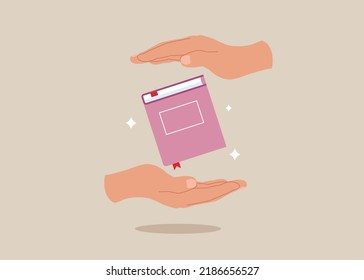 Woman hands holding magic book. Fairy tale story. Girl reading literature. Read books lover. Education, literacy day concept. Book swap, bookstore, library vector illustration