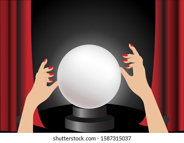 Woman Hands Holding Magic Crystal Ball. Isolated In Black Background. Idea For Psychic Reading, Divine Magic, Occultism And Fortune Teller. Vector Illustration.