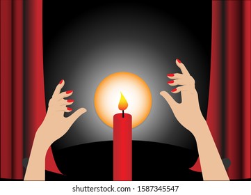 Woman hands holding magic lightening candle. Isolated in black background. Idea for psychics reading, divine magic, occultism and fortune teller. Vector Illustration.