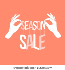 Woman hands holding paper cut words season sale. Season sale banner. Vector illustration