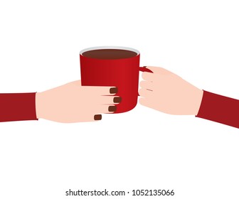 Woman hands holding red coffee mug