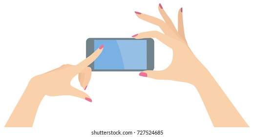 Woman hands holding smart phone horizontally and pointing