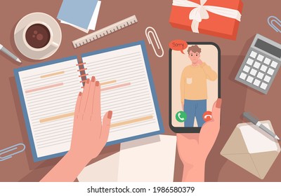 Woman hands holding smartphone with call from apologizing man vector flat illustration. Busy female character working and planning her life and speaking phone with confused male character top view.