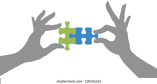 Woman hands holding two jigsaw puzzle pieces together to find a solution