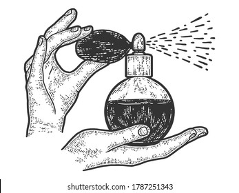 Woman hands holding a vintage perfume bottle with atomizer.