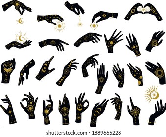 Icono de mano de mujer con elementos dorados celestiales sobre el fondo blanco aislado. Clipart de decoración de Zodiac lunar.