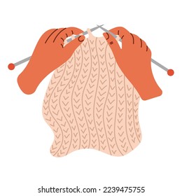 Woman hands are knitting with knitting needles. Knitting process. Wool yarns, hook, knitting needles. Hobby time, handmade things