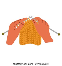 Woman hands are knitting with knitting needles. Knitting process. Wool yarns, hook, knitting needles. Hobby time, handmade things.