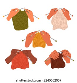 Las manos de las mujeres tejen con agujas de punto. Proceso de accionamiento. Hilados de lana, ganchos, agujas de punto. Tiempo de hobby, cosas hechas a mano