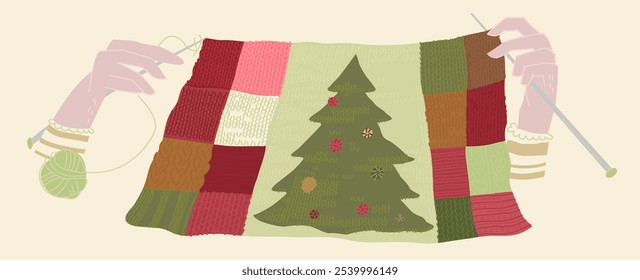 Woman hands knitting new year tree. Sustainable christmas concept. Eco-friendly decoration. Alternative eco xmas. Handmade gifts and decor. Plastic free winter holidays. Editable vector illustration