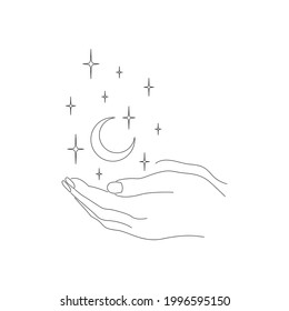 Woman hands line art. Delicate hands position, gesture in minimalist style with moon and stars. Esoteric elements for logo, wedding, tattoo, trendy boho style.