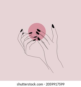 Woman hands line art. Delicate hands position with black nails, gesture in minimalist style with ellipse or moon. Witchcraft esoteric elements for logo, wedding, trendy boho style. Feminine cocnept.