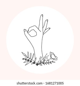 Woman hands line art. Natural hand position, gestures in minimalist and boho style. Elegant logo, badges and pre-made scenes with hand and flowers.