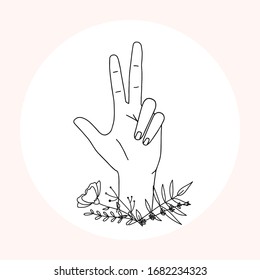 Woman hands line art. Natural hand position, gestures in minimalist and boho style. Elegant logo, badges and pre-made scenes with hand and flowers.