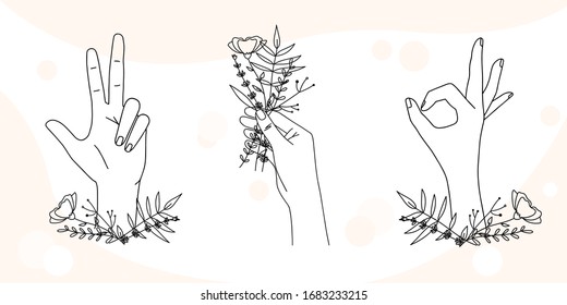 Woman hands line artcollection. Natural hands positions, gestures in minimalist and boho style. Elegant logos, badges and pre-made scenes with hand and flowers.