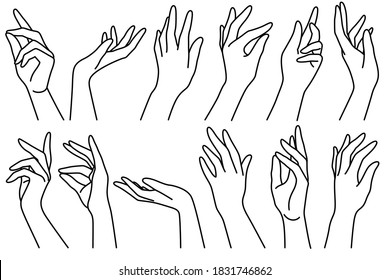 Woman hands line. Outline drawn female different position elegant beauty hands icons collection, trendy minimalistic illustration. Simple fashion logo tattoo design manicure symbol vector isolated set