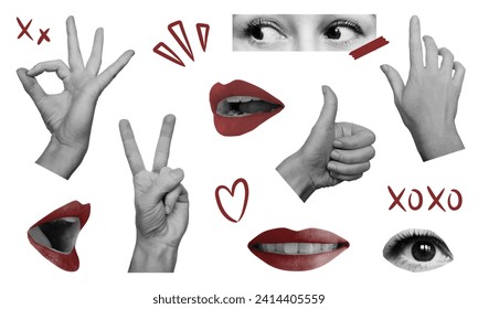 Woman hands, lips and eyes with doodles. Retro collage elements. Isolated vector illustration