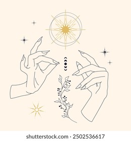 woman hands with long nails with stars and branch with berries. esoteric poster