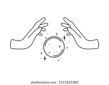 Woman Hands with Magic Ball and Stars. Magic logo emblem with mystic ball and female hands. Concept of Esoterics, Astrology, Magic, Witchcraft, Tarot. Vector illustrations minimal linear style