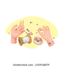 Woman hands making craft jewelry of beads on threads vector character isolated. Handmade women accessories cartoon style illustration