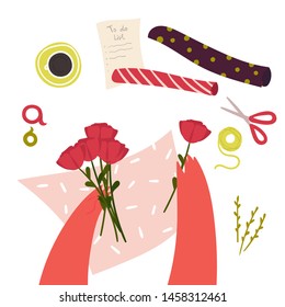 Woman hands are making flower bouquet for present. Floristics hobby and work. Table with foam, tools with bascket. Floral bouquet arrangement creating process. Scissors, paper and flowers. Vector flat