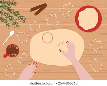 Woman hands making gingerbread cookies on wooden table vector flat top view. Christmas tradition on cooking gingerbread cookies