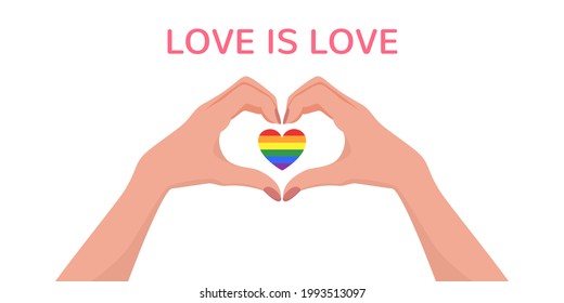 Woman hands making heart shape gesture with lgbt rainbow in flat style. Web banner with phrase Love is Love. Celebrating Pride Month Against Violence, Discrimination, Human Rights Violation. Vector