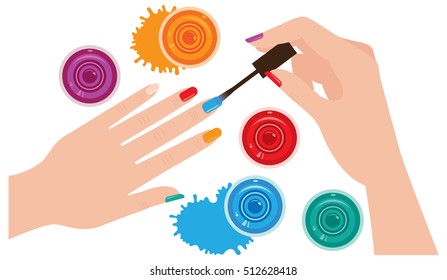 Woman hands with manicure closeup coloring nails bright nail Stock vector illustration. View from above.