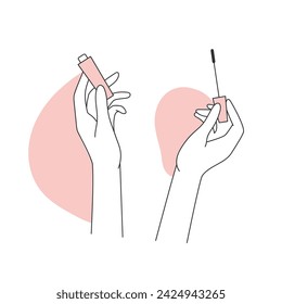 Woman hands with mascara. Professional makeup, decorative cosmetics line vector illustration