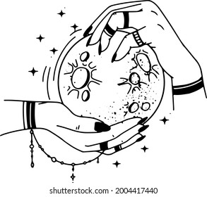 Woman hands, moon, sacred geometry stars isolated. The object of spiritual occultism. Vector illustration in black outline style. Esoteric mystical magic.