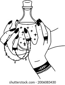 Woman hands, moon, sacred geometry stars isolated. The object of spiritual occultism. Vector illustration in black outline style. Esoteric mystical magic.