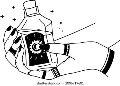 Woman hands, moon, sacred geometry stars isolated. The object of spiritual occultism. Vector illustration in black outline style. Esoteric mystical magic.