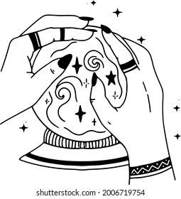 Woman hands, moon, sacred geometry stars isolated. The object of spiritual occultism. Vector illustration in black outline style. Esoteric mystical magic.