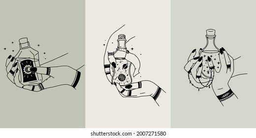 Woman hands, moon, sacred geometry stars isolated. The object of spiritual occultism. Vector illustration in black outline style. Esoteric mystical magic.