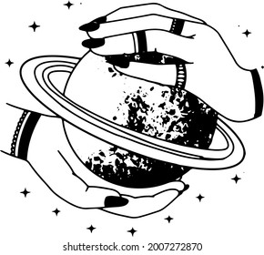 Woman hands, moon, sacred geometry stars isolated. The object of spiritual occultism. Vector illustration in black outline style. Esoteric mystical magic.