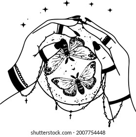 Woman hands, moon, sacred geometry stars isolated. The object of spiritual occultism. Vector illustration in black outline style. Esoteric mystical magic.