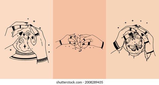 Woman hands, moon, sacred geometry stars isolated. The object of spiritual occultism. Vector illustration in black outline style. Esoteric mystical magic.